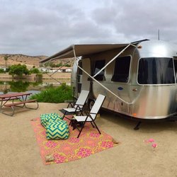 Roam & Board - Our campsite during the day (Santee Lakes Recreation Preserve in Santee, CA). (Note: awning not set up correctly in this photo.)