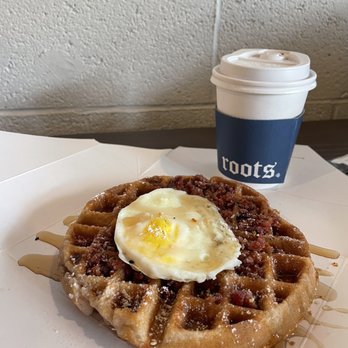 Roots Cafe - Candied Bacon & Egg Waffle - Cafes Near Me - Cerritos, California