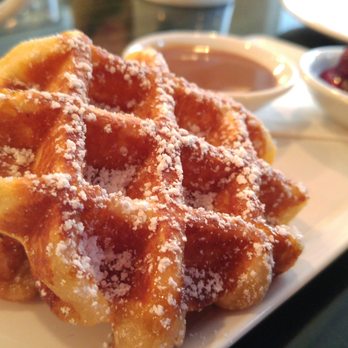 Medina Cafe - Leige waffles with milk chocolate lavender and mixed berry compote topping on the side - Breakfast & Brunch Near Me - Vancouver, British Columbia