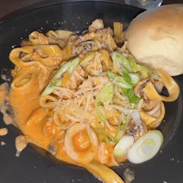 Seafood Fettuccine with a brioche bun Seafood Fettuccine with a brioche bun