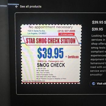 Star Smog Check Station - Their coupon for smog check service - Smog Check Stations Near Me - Los Angeles, California