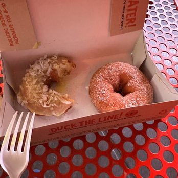 Duck Donuts - Piña colada on the left and simple sugar cinnamon on the right - Donuts Near Me - Las Vegas, Nevada Duck Donuts - Piña colada on the left and simple sugar cinnamon on the right - Donuts Near Me - Las Vegas, Nevada