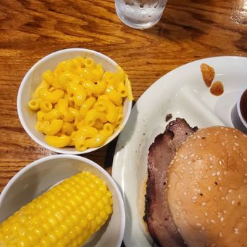 Spring Creek Barbeque - Sliced Brisket Sandwich, corn, mac and cheese - Barbeque Near Me - Humble, Texas Spring Creek Barbeque - Sliced Brisket Sandwich, corn, mac and cheese - Barbeque Near Me - Humble, Texas
