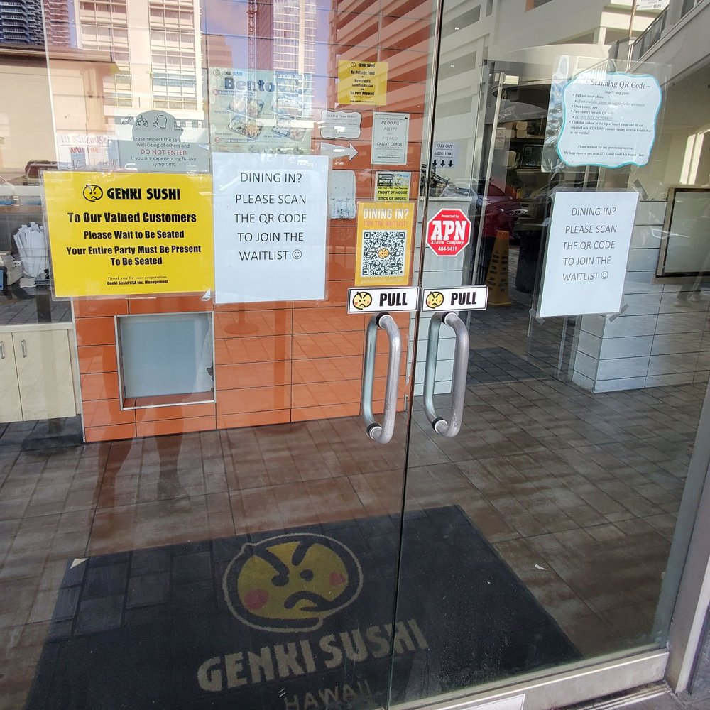 Genki Sushi - Entrance. Scan the QR code on the door to join the waitlist. - Sushi Bars Near Me - Honolulu, Hawaii Genki Sushi - Entrance. Scan the QR code on the door to join the waitlist. - Sushi Bars Near Me - Honolulu, Hawaii