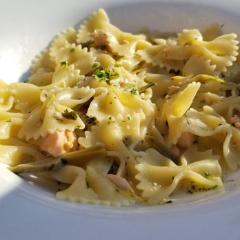 Juniper Lounge - Salmon pasta. This was before we touched it. Not very much salmon on there as you can see. It wasn't quite what we expected. - Bars Near Me - Lexington, Virginia