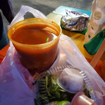 Tacos Don Perez - Pozole with the fixins -- fresh onion, lettuce, lime wedges, hot sauce, and (in the back) tortilla chips - Food Trucks Near Me - Silver Spring, Maryland Tacos Don Perez - Pozole with the fixins -- fresh onion, lettuce, lime wedges, hot sauce, and (in the back) tortilla chips - Food Trucks Near Me - Silver Spring, Maryland