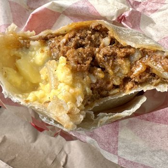 Ursula - Breakfast burrito with chorizo, scrambled eggs, hash browns, cheddar, NM red chile - New Mexican Cuisine Near Me - Brooklyn, New York