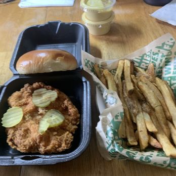 Wingstop - Crispy Chicken Sandwich w/pickles  French Fries & 2 Containers of Honey Mustard - Chicken Wings Near Me - Wichita, Kansas