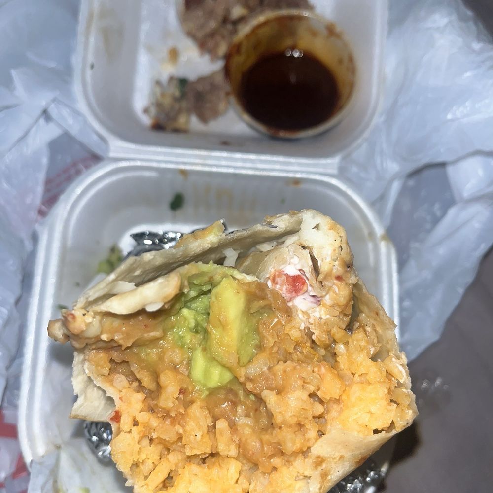 No meat in 50% of the burrito. No meat in 50% of the burrito.