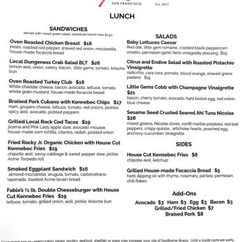 Fable - Lunch menu - New American Near Me - San Francisco, California
