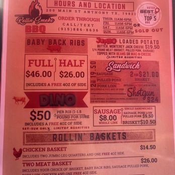 Rollin' Smoke BBQ - Menu - Barbeque Near Me - Anthony, Texas Rollin' Smoke BBQ - Menu - Barbeque Near Me - Anthony, Texas