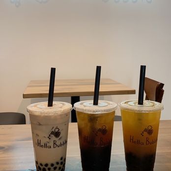 Hella Bubble - L to R: milk tea with boba, jasmine green tea with grass jelly, mango and passion fruit with boba - Bubble Tea Near Me - Houston, Texas Hella Bubble - L to R: milk tea with boba, jasmine green tea with grass jelly, mango and passion fruit with boba - Bubble Tea Near Me - Houston, Texas
