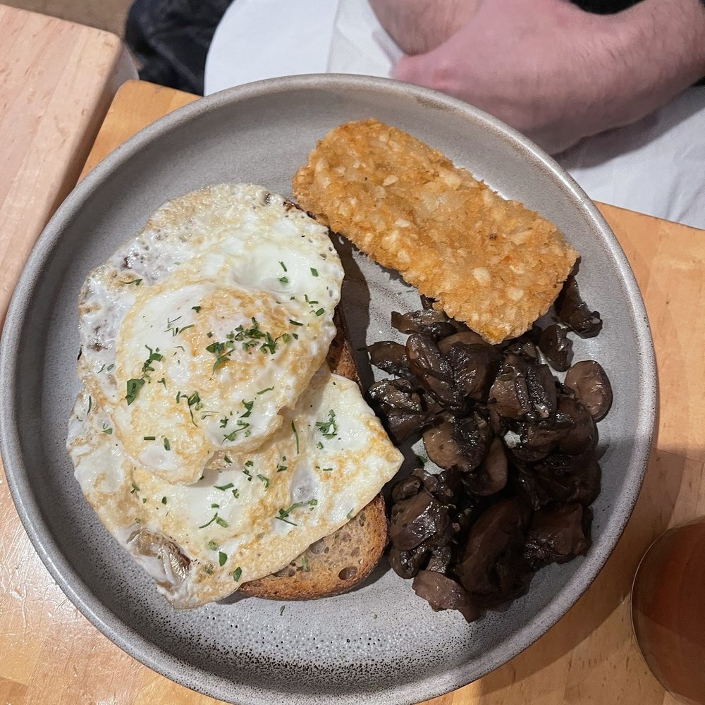 Banter - BYOB-build your own brekkie: 2 Eggs over easy on sourdough toast with Hash brown and Sautéed Mushrooms - Breakfast & Brunch Near Me - New York, New York Banter - BYOB-build your own brekkie: 2 Eggs over easy on sourdough toast with Hash brown and Sautéed Mushrooms - Breakfast & Brunch Near Me - New York, New York
