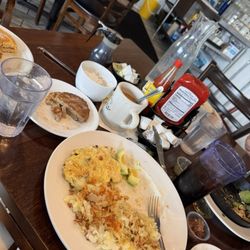 Bacon and Jam - That's the Bavo Omelette + and to the right is the Veggie Skillet w avocado and sausage link w basil pesto and my coffee
