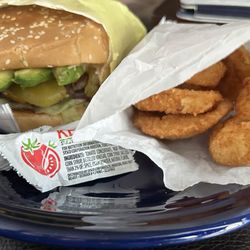Family Burger Drive Thru - Ortega chili avocado cheeseburger with onion rings