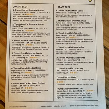 Thumb Knuckle Brewing Company - Menu - Brewpubs Near Me - Luxemburg, Wisconsin Thumb Knuckle Brewing Company - Menu - Brewpubs Near Me - Luxemburg, Wisconsin