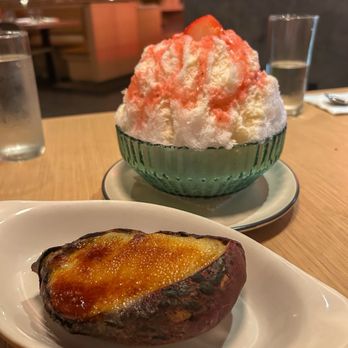 Domo Domo - Sweet Potato Creme Brulee + Kakigori (Strawberry Shave Ice) - Japanese Near Me - Ewa Beach, Hawaii Domo Domo - Sweet Potato Creme Brulee + Kakigori (Strawberry Shave Ice) - Japanese Near Me - Ewa Beach, Hawaii