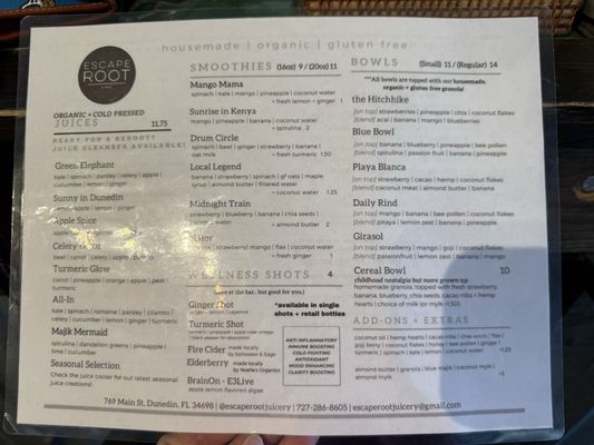 Menu photo 2 Escape root juicery Dunedin, FL Menu photo 2 Escape root juicery Dunedin, FL