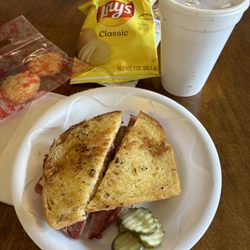 The Cookie Shoppe - Reuben, cheese cookies, drink, chips.