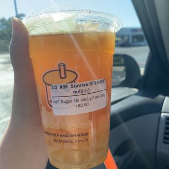QQ Teahouse - Sunrise Green Tea 50% sugar, No ice, Lychee Jelly - Taiwanese Near Me - Plano, Texas QQ Teahouse - Sunrise Green Tea 50% sugar, No ice, Lychee Jelly - Taiwanese Near Me - Plano, Texas