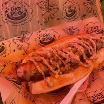 Dat Dog - Smoked Bratwurst with creole mustard and grilled onions - Hot Dogs Near Me - New Orleans, Louisiana Dat Dog - Smoked Bratwurst with creole mustard and grilled onions - Hot Dogs Near Me - New Orleans, Louisiana