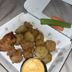 Buffalo Wild Wings 'GO' - Fried pickles, honey bbq boneless wings, salt and vinegar boneless wings