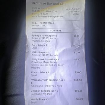 3rd Base Bar & Grill - A crumpled receipt from 3rd Base Bar & Grill in Olean, NY, showing ordered food items like burgers, fries, and chicken tenders with prices. - Sports Bars Near Me - Olean, New York