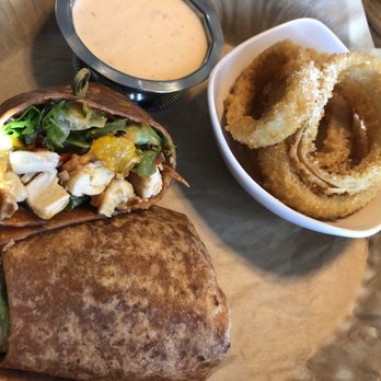 Cin Cin Burger BAR - Thai chicken wrap with onion rings. - Burgers Near Me - Winston-Salem, North Carolina