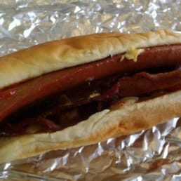 Bacon cheese dog with fried onions Bacon cheese dog with fried onions