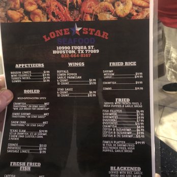 Lone Star Seafood - Menu, also on the left hand wall when you walk in the door. - Seafood Near Me - Houston, Texas Lone Star Seafood - Menu, also on the left hand wall when you walk in the door. - Seafood Near Me - Houston, Texas