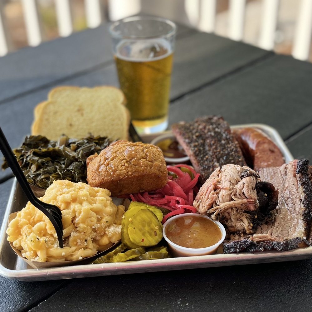 Bar-Q - Platter w/ brisket, pulled pork, ribs & sides of collards, macaroni & cheese, bread. Bonus pumpkin loaf. Paired w/ a Octoberfest brew - Southern Near Me - Norfolk, Virginia Bar-Q - Platter w/ brisket, pulled pork, ribs & sides of collards, macaroni & cheese, bread. Bonus pumpkin loaf. Paired w/ a Octoberfest brew - Southern Near Me - Norfolk, Virginia