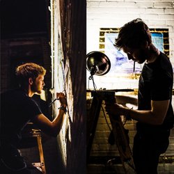 The Brass Rail - Artist Peter Lupkin finishing a painting on the back wall