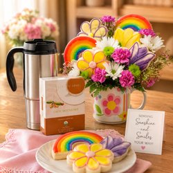 Hot tea and cookie delivery with flowers