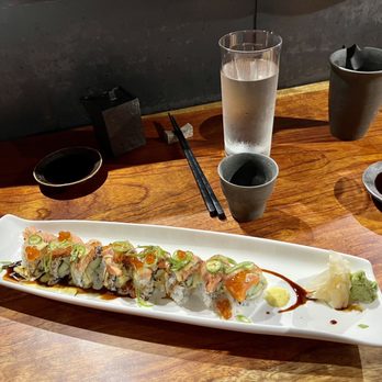 M Sushi - SEARED SALMON ROLL Shrimp tempura, cucumber, seared salmon, serrano, ikura, scallions with mustard aioli, and sweet soy glaze. - Sushi Bars Near Me - Durham, North Carolina M Sushi - SEARED SALMON ROLL Shrimp tempura, cucumber, seared salmon, serrano, ikura, scallions with mustard aioli, and sweet soy glaze. - Sushi Bars Near Me - Durham, North Carolina