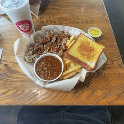 Shane's Rib Shack - BBQ PORK PLATE WITH BAKED BEANS, FRENCH FRIES, AND TEXAS TOAST