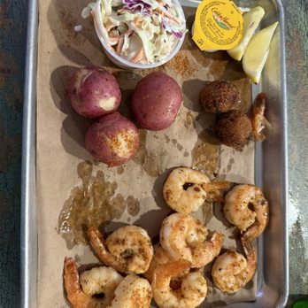 Salty Pearl Raw Bar - Grilled shrimp with new potatoes and cole slaw. - Seafood Near Me - Pensacola, Florida