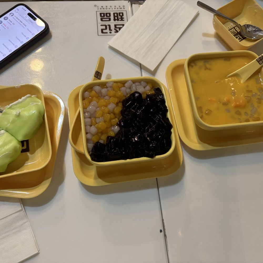 Sweethoney Dessert - Durian Pancake, Taro, Rice Ball & Grass Jelly and Mochi, Mango & Taro on Vanilla Ice - Desserts Near Me - Burnaby, British Columbia