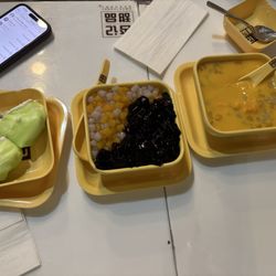 Durian Pancake, Taro, Rice Ball & Grass Jelly and Mochi, Mango & Taro on Vanilla Ice