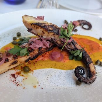 Pisces - Grilled octopus! Fun to chew, perfectly grilled over a bed of red pepper sauce and fava puree. - Mediterranean Near Me - Las Vegas, Nevada Pisces - Grilled octopus! Fun to chew, perfectly grilled over a bed of red pepper sauce and fava puree. - Mediterranean Near Me - Las Vegas, Nevada