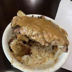 Mushroom Burger Bowl Rice topped with fresh Chopped Burger smothered with Grilled Mushrooms and Brown Gravy