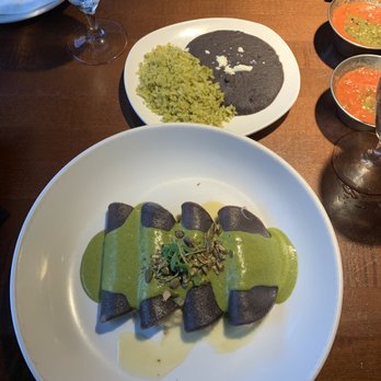 Mi Dia From Scratch - Tequila Pesto Enchiladas w/ Oaxacan Black Beans + Poblano Rice - Mexican Near Me - Grapevine, Texas Mi Dia From Scratch - Tequila Pesto Enchiladas w/ Oaxacan Black Beans + Poblano Rice - Mexican Near Me - Grapevine, Texas