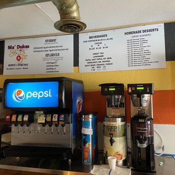Ma' Dukes Grab & Go - Kids/beverage/dessert menu over the self-serve drinks area - Seafood Near Me - Tallahassee, Florida