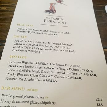 Fox & Pheasant - Menu - Pubs Near Me - London, XGL Fox & Pheasant - Menu - Pubs Near Me - London, XGL