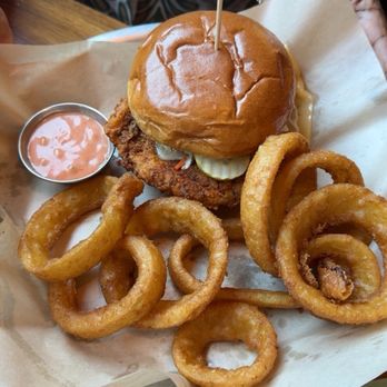 Lazy Dog - Chicken Sandwich and onion rings - New American Near Me - Las Vegas, Nevada