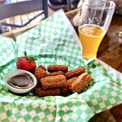 Mountain Hops Brewhouse - Churro bites dessert with chocolate dipping sauce. And a cold draft beer. A must for dessert.  Yummy!!!