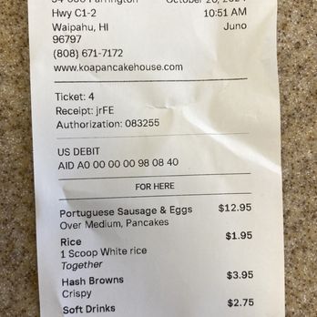 Koa Pancake House - Note time orders placed and paid for. Pancakes arrived within 10 minutes along with hash browns. - Breakfast & Brunch Near Me - Waipahu, Hawaii Koa Pancake House - Note time orders placed and paid for. Pancakes arrived within 10 minutes along with hash browns. - Breakfast & Brunch Near Me - Waipahu, Hawaii