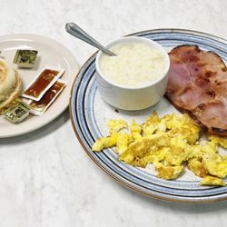 Southfork Cafe - Hard cooked eggs, ham, grits, and English muffin.
