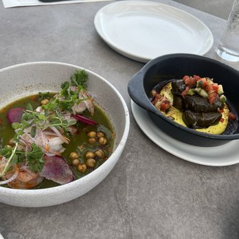 Olive & Sea - White Bowl : Shrimp ceviche Black Bowl: Stuffed grape leaves - Mediterranean Near Me - Fort Lauderdale, Florida