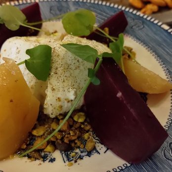 Ben Paris - Buffala mozzarella with pickled beets sitting over honey and pistachio - New American Near Me - Seattle, Washington