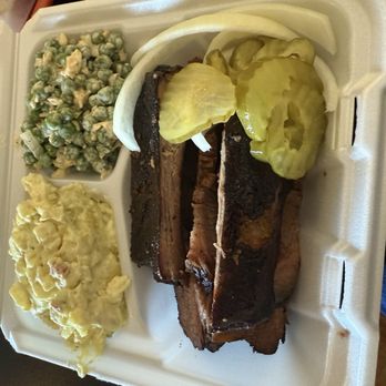 Buffalo Creek BBQ - Two meat plate with brisket , ribs, potato salad and pea salad. - Barbeque Near Me - Hillsboro, Texas Buffalo Creek BBQ - Two meat plate with brisket , ribs, potato salad and pea salad. - Barbeque Near Me - Hillsboro, Texas